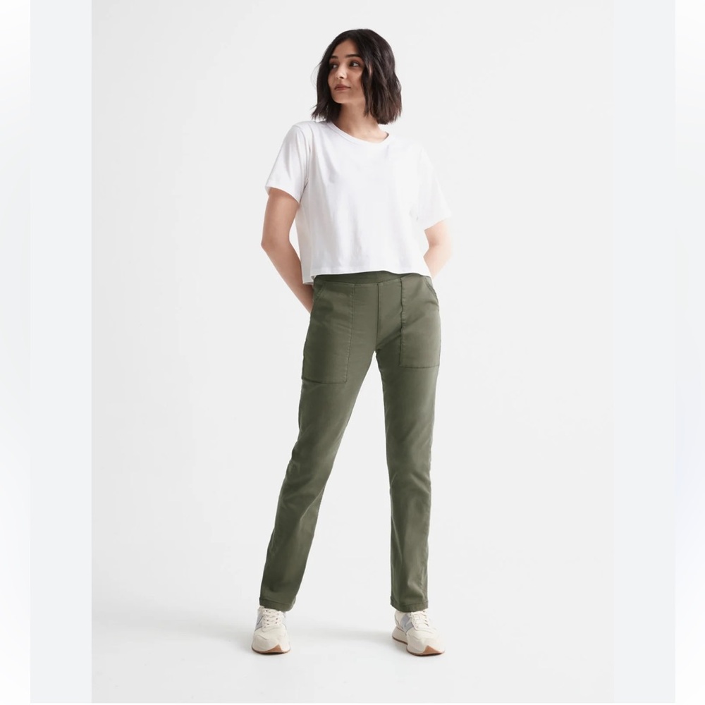 DUER No Sweat Everyday Pants Green Sz Small Stretch Straight Leg Elastic Waist